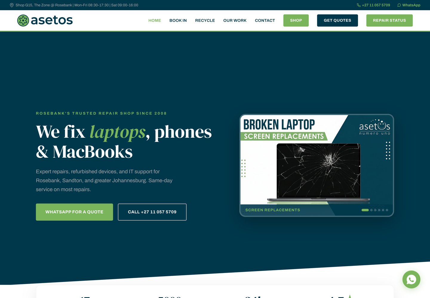 Live screenshot of the Asetos Computers repair and IT support website