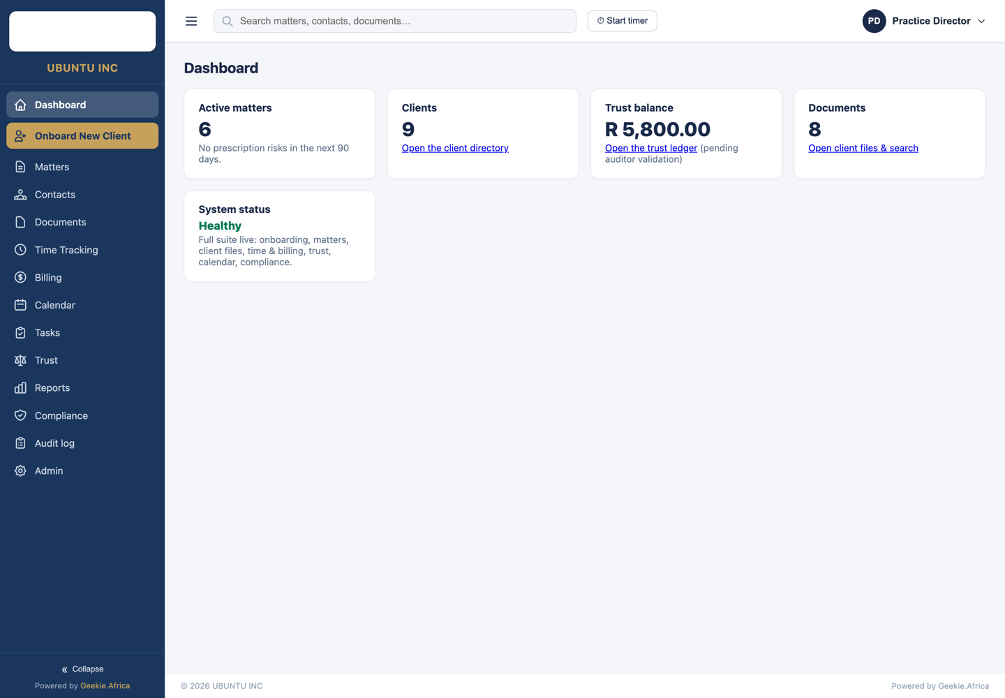 Live screenshot of the LegalDesk practice management dashboard