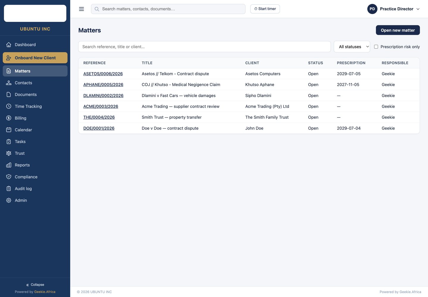 Live screenshot of the LegalDesk matters register with South African matter references and prescription dates